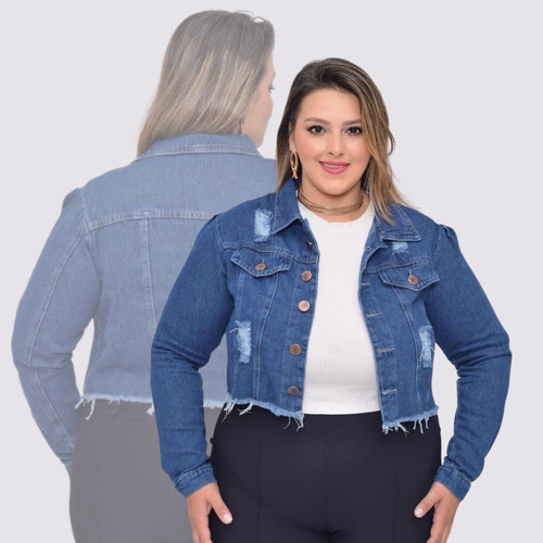 Jaquetinha Jeans Casaco C/ Detalhes Desfiados Casual Plus