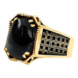 Anel  Prata 925 Dourada Ouro 18k Cabochão Black Ônix Natural