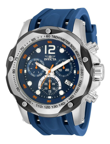 Reloj De Pulsera Invicta Speedway 33960 De Cuerpo Color Plata, Analógico, Para Hombre, Fondo Azul, Con Correa De Silicona Color Azul Oscuro, Agujas Color Plata, Blanco Y Naranja, Dial Blanco Y Plata, 