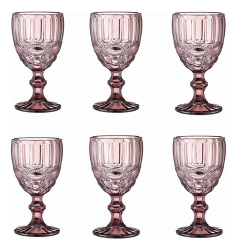 Juego 6 Copas Vino Agua Cristal Labrado Vidrio Color Vintage