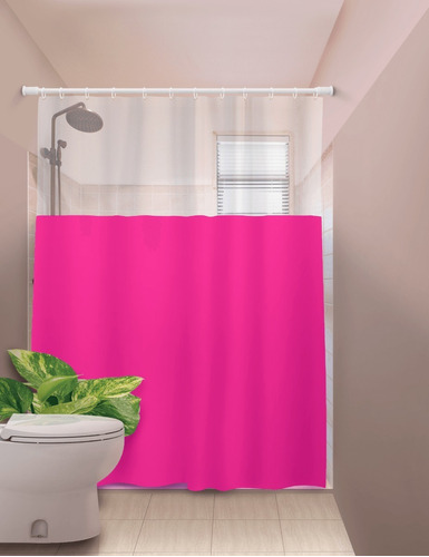 Cortina De Box Banheiro Lisa Com Visor Gancho Várias Cores Cor Rosa Visor Transparente