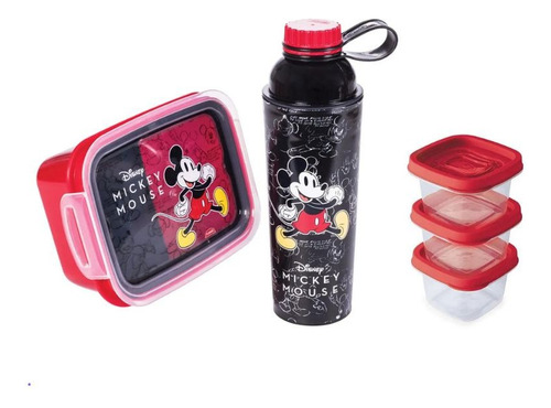 Kit Garrafa  Marmita Hermetica Mickey E 3 Potes Lanche 200ml