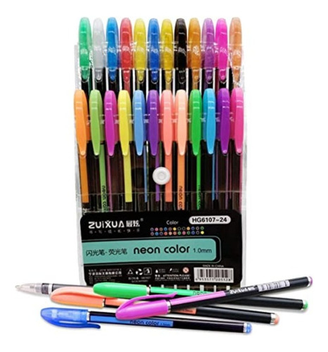 24 Plumas De Gel Colores Glitter Metalicas Pastel Y Neon 