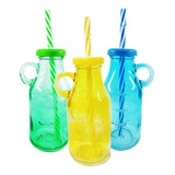 Botella De Vidrio Colores Con Sorbete Jugo Caja 250ml Tapa