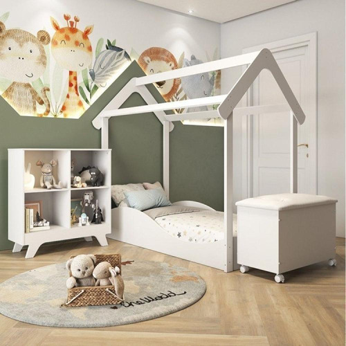 Quarto Infantil Minicama Montessori Estante Baú Branco