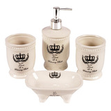 Set De Baño Ceramica 4 Pzs Jabonera Dispenser Corona Blanco