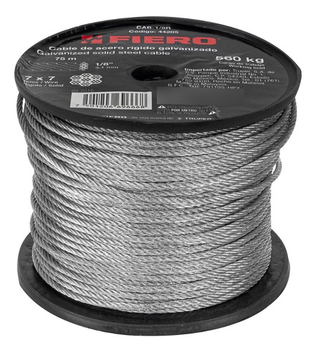 Cable De Acero 1/8  Rígido 7x7 Hilos 75 M Fiero 44205