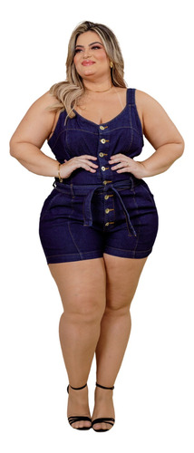 Macaquinho Jardineira Short Jeans Plus Size Feminino Lycra