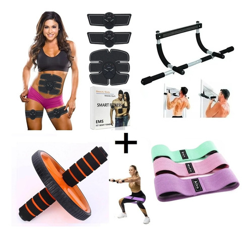 Electro Estimulador + Set Bandas + Rueda Abdominales + Barra