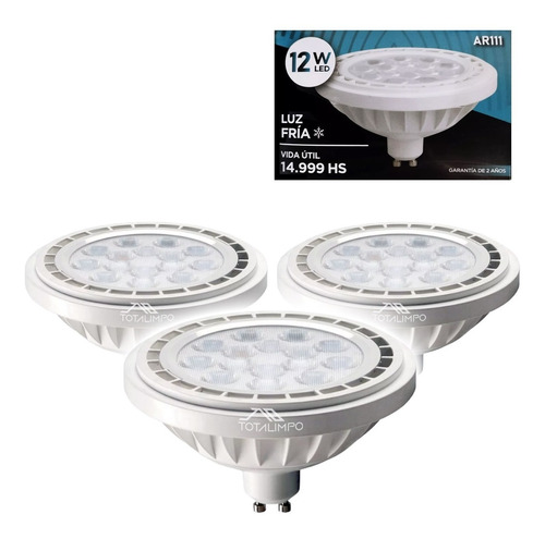 3 Lámparas Led Ar111 12w Luz Fría Candela 7309