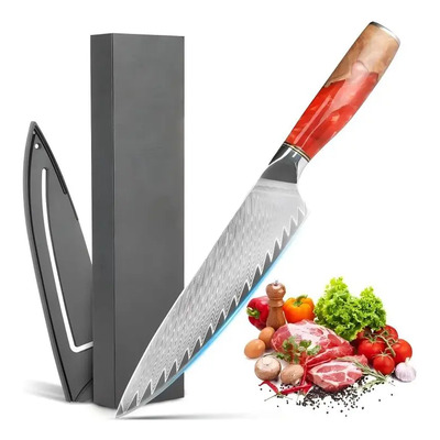 Cuchillo Chef Acero Damasco Profesional Cuchillos De Cocina Color Rojo | Envío gratis