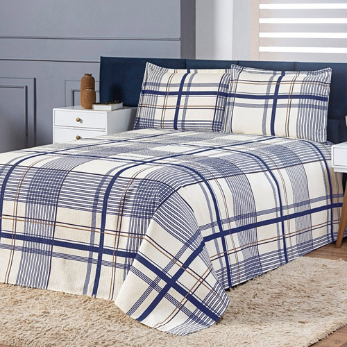 Colcha Cobre Leito Cama Casal Kit 3 Peças Milão Cor Azul Geométrico Estampado