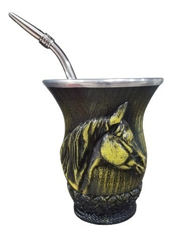 Mate Uruguayo De Calabaza Relieve Caballo Bombilla Alpaca 3d