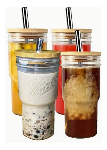 4 Vasos De Vidrio Ball De 700ml. Con Tapa De Bambu Y Popote