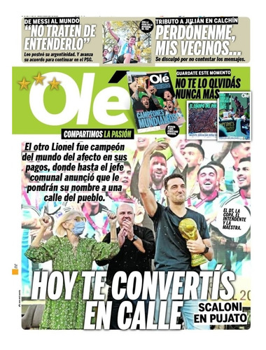 Diario Ole 22/12/22 Argentina Campeón + Poster 