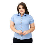 Camisa Social Feminina Manga Curta Tons De Jeans Plus Size