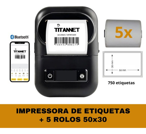 Mini Impressora Bluetooth + 5 Rolos Etiqueta Adesiva 58x30