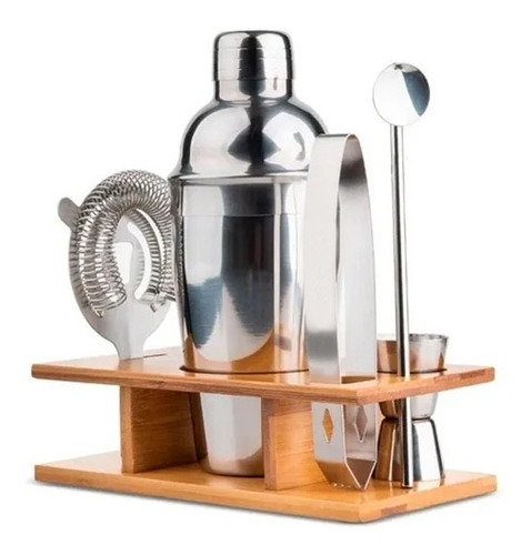 Set Ideal Barman X7 Piezas Coctelera 550 Ml Base De Madera