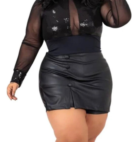 Short Saia Curta Plus Size Couro Fake Preto 46 Ao 52 Premium