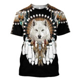 Camiseta De Manga Corta Con Estampado 3d De Lobo Indio Nativ