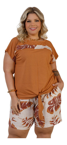 Conjunto Feminino Plus Size Blusa Short Amarrar Bermuda G2