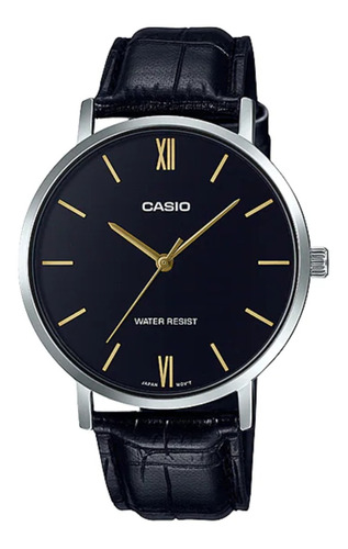 Reloj De Pulsera Casio Dress Mtp-vt01 De Cuerpo Color Plateado, Analógico, Para Hombre, Fondo Negro, Con Correa De Cuero Color Negro, Agujas Color Dorado, Dial Dorado, Bisel Color Plateado Y Hebilla S