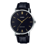 Reloj Pulsera Casio Mtp-vt01 Con Correa De Cuero Color Negro - Bisel Plateado