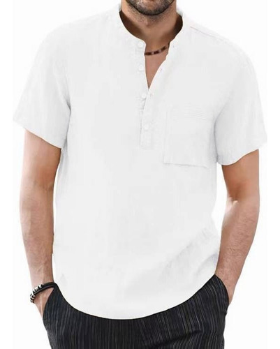 Camisa Cuello Mao Lino Hombre Casual Manga Corta Corte Ajust