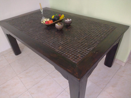 Comedor Artesanal En Cedro Cubierta Enchapada Coco 6 Puestos