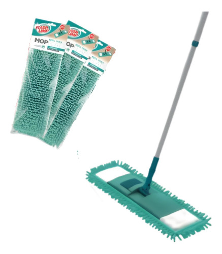 Rodo Esfregão Mop Flat Chenile Microfibra + 3 Refil Extra