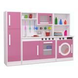 Kit Cozinha Com Geladeira E Máquina De Lavar Rosa Infantil