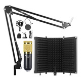 Microfono Condenser Podcast Kit + Escudo Acustico Prm Color Negro