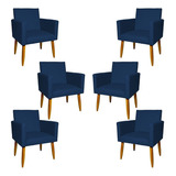 Kit 6 Poltronas Decorativas Para Sala Cadeira Pé Castanho Cor Azul-marinho Desenho Do Tecido Suede
