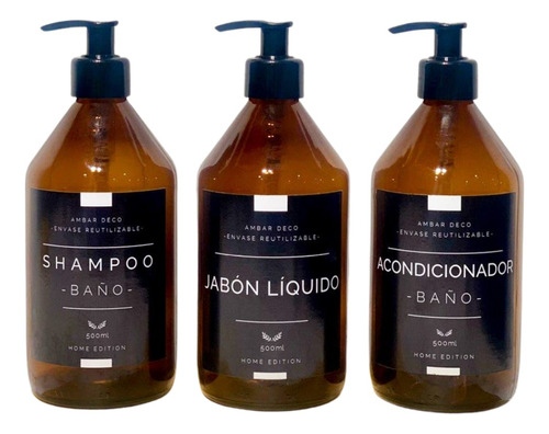 Set Dispenser Baño Shampoo+acond.+jabon Liquido Vidrio Ambar