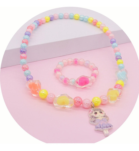 Kit Colar E Pulseira Infantil Pingente Contas Candy Color