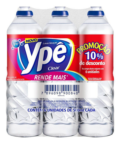 Ypê Kit Com 6 Detergentes Líquido Clear 500ml Rende Mais