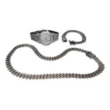 Combo Shadow Simil Plata Cubana 40cm + Pulsera + Reloj