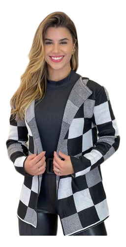 Cardigan Feminino Xadrez Tricot Casaco Sobretudo Inverno Lã