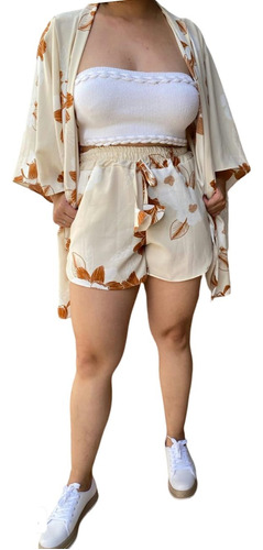 Conjunto Estampado Floral  Kimono Amarração Shorts Soltinho 