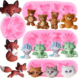 4pcs Molde De Silicona Fox Oso Unicornio Gato Fondant Resina