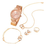 Conjunto De Reloj Aretes Pulsera Anillo Y Collar Para Mujer