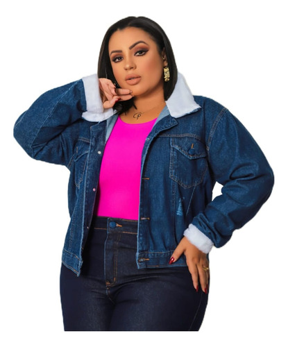 Jaqueta Jeans Feminina Plus Size Pelinhos Punho Colarinho