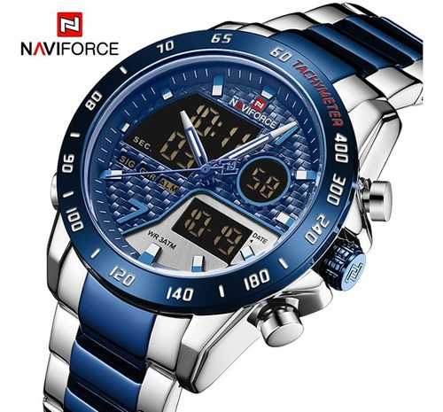 Reloj De Lujo Naviforce Digital Led Modelo 9171 Color Azul Color De La Correa Azul/plateado