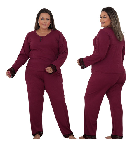 Pijama Longo De Frio De Inverno Feminino Canelado Plus Size