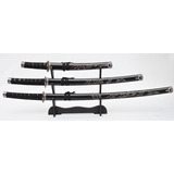 Jogo Com 3 Espadas Katanas Ultimo Samurai Com Suporte Triplo