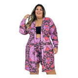 Kimono Estampado Feminino Blusa Cardigan Manga Longa Plus