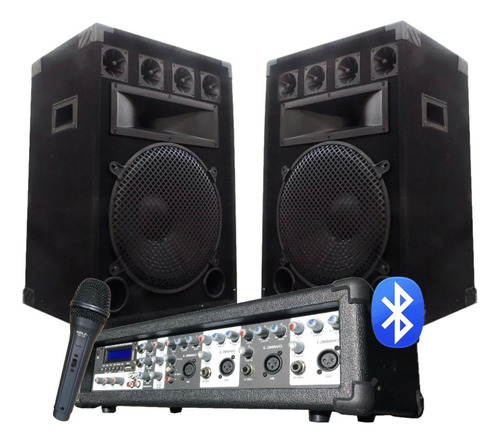 Combo Consola Potenciada 4 Canales Bt + 2 Bafles 500w + Mic