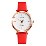 Reloj Mujer Skmei 1457 Cuero Ecologico Minimalista Elegante Malla Rojo Bisel Dorado