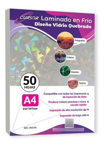 Laminado En Frio Diseño Vidrio Quebrado A4 Cursor Pack 50 