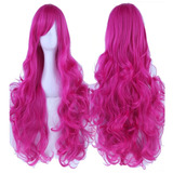 Peluca Cabello Ondulado Color Fucsia Con Flequillo Cosplay